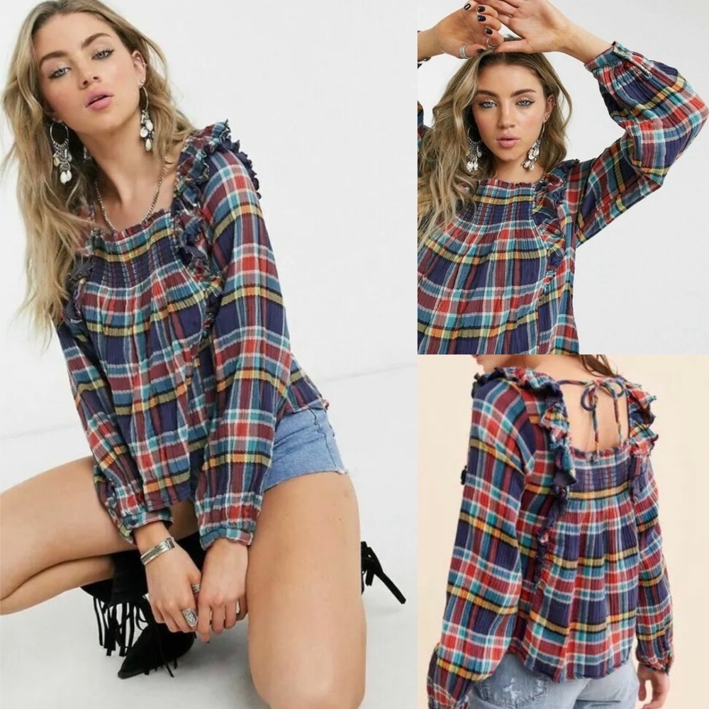 We The Free Siena Free People Plaid Peasant Shirt Top size Medium M Swiftie